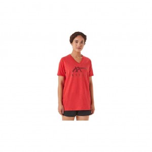 Classic Red Heather Asics 2032C543.613 Asics Stripes V-Neck T-Shirts & Tops | ENOVT-8093