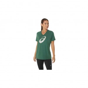 Hunter Green Asics 2032C898.300 W Asics Holiday Lights Logo Vneck T-Shirts & Tops | PKVFR-4527