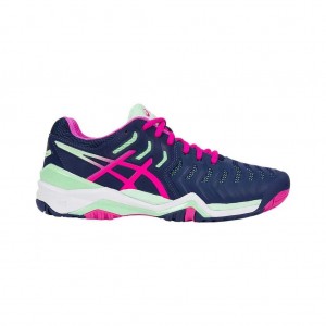 Indigo Blue/Pink Glow/Paradise Green Asics E751Y.4920 Gel-Resolution 7 Tennis Shoes | WBRCT-9836