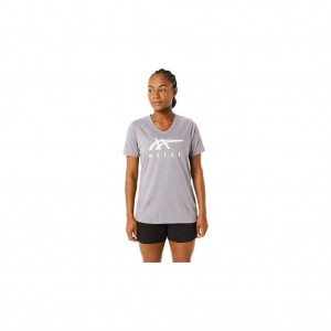 Lavender Grey Heather Asics 2032C543.535 Asics Stripes V-Neck T-Shirts & Tops | YNIAO-9704