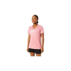 Smokey Rose Heather Asics 2032C543.694 Asics Stripes V-Neck T-Shirts & Tops | MAWLK-6147