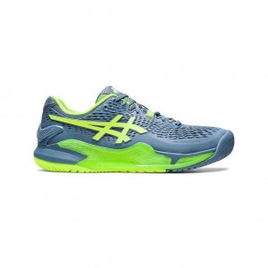 Steel Blue/Hazard Green Asics 1041A376.400 Gel-Resolution 9 Wide Tennis Shoes | ZTOFJ-7863