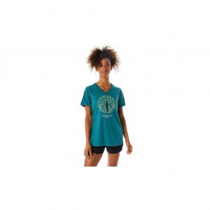 Velvet Pine Heather Asics 2012C511.310 Graphic V-Neck Wch T-Shirts & Tops | WYXUQ-3285
