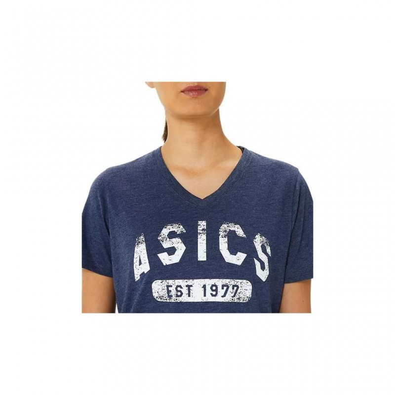 Peacoat Heather Asics 2012A767.404 Short Sleeve Est 1977 V-Neck Tee T-Shirts & Tops | NLJVO-7284