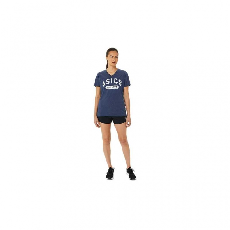 Peacoat Heather Asics 2012A767.404 Short Sleeve Est 1977 V-Neck Tee T-Shirts & Tops | NLJVO-7284