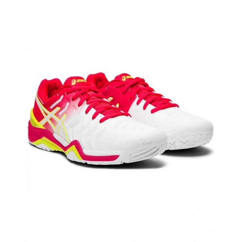 White / Laser Pink Asics E751Y.116 Gel-Resolution 7 Tennis Shoes | LDJZW-0412